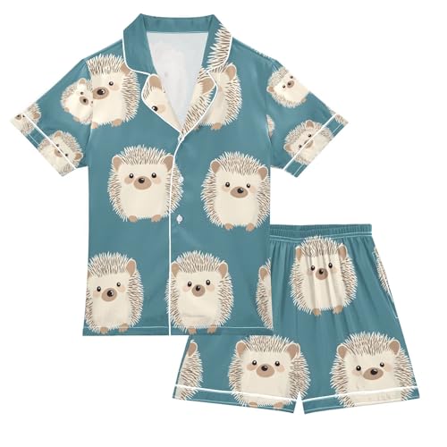 senya Gray Cute Hedgehog P Satin Summer Pajama Sets Silk Short Sleeve Button Down Sleepwear