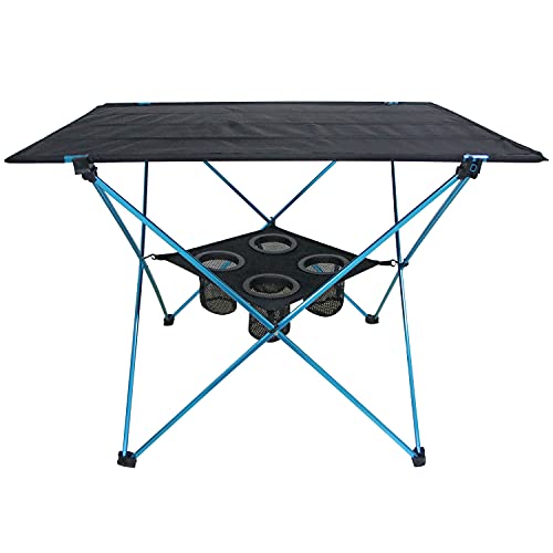 Sutekus Portable Camping Table with Cup Holders Lightweight Folding Camp Side Table for Camping, Picnic, Backpacks, Beach, Tailgating, Boat, Large (Blue)