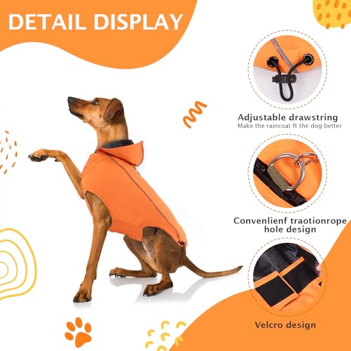 Vejaoo Regenmantel Hund Wasserdicht, Reflektierend Regenjacke mit Kapuze für Hund, Verstellbare Winddicht Regenjacken für Kleine Mittelgroße Groß Hunde Spaziergäng XZ015(Orange,M)
