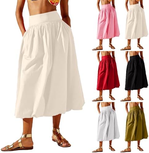 Bubble Maxi Skirts for Women Elastic Waist A-Line Summer Vacation Boho Skirt Puffy Hem Pleated Skirt with Pockets