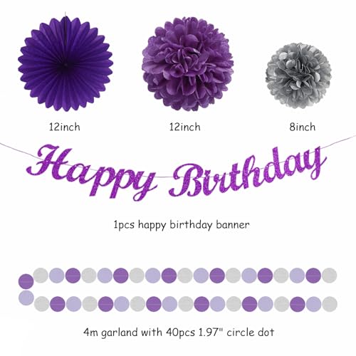 Image of Purple Silver Birthday Party-Decorations Paper-Flowers - 14pcs Happy Banner Lavender Lanterns Tissue Pom Poms,Lilac Streamers Garland Fans,Women Girls Adult Kids Office Hanging Supplies Decor Hugfond