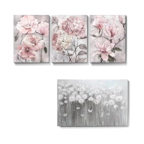 lamplig Pink Flowers and Grey Floral Wall Art for Bathroom Dusty Blush Gray Dandelion Country Artwork for Bedroom Living Room Decor Cover