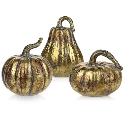 Oairse 3 pcs Resin Pumpkin Decor Artifical Vintage Gold Pumkins for Rustic Home Office Halloween Decor Fall Wedding Party Thanksgiving Centerpiece Autumn Decorations