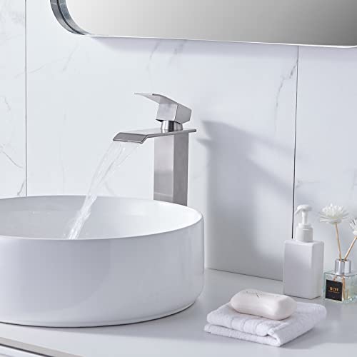 Shaco Brushed Nickel Vessel Sink Faucet, Tall Waterfall Bathroom Faucet For Sink Bowl, Single Handle One Hole Bathroom Mixer Tap With Pop Up Drain And Water Supply Line, Lavatory Vanity Faucet #TOP7