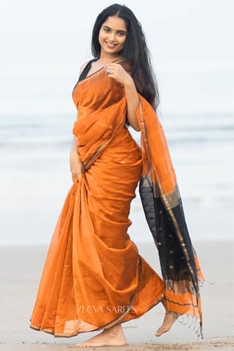 Image of ZECVA Women's Pure Soft Spun Cotton Lichi Silk Saree For Women With Attach Unstitch Blouse Piece