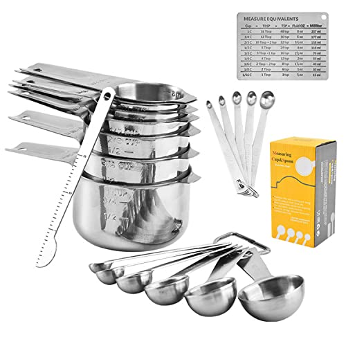 Ausemo Juego de 20 Tazas y Cucharas Medidoras Acero Inoxidable Apilable Cucharada Combinación de Cucharadita con Tabla de Conversión Cocina Cocina Hornear Herramientas
