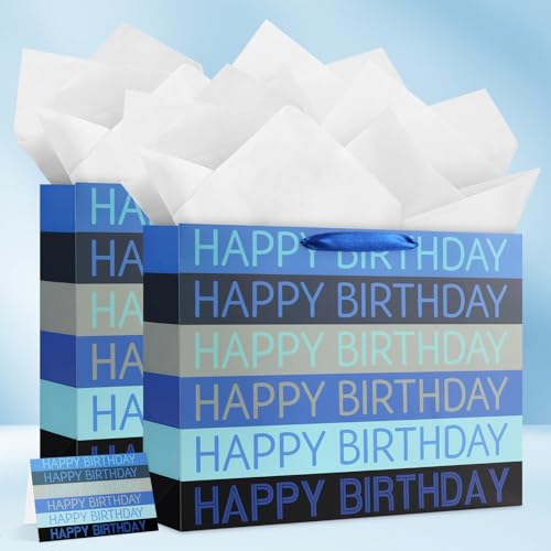 Image of JMANNI Large Happy Birthday Gift Bag with Tissue Papers and Greeting Card,Portable Paper Gift Bags with Handles,Blue Present Bags for Women Men Birthday Party Supplies13 x10.2 inchx4.7 inch(Blue Stripes)