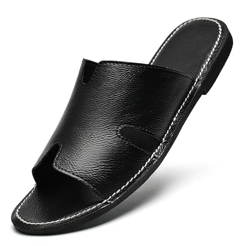 Image of Men's Genuine Leather Flat Slides Sandals Summer Classic Round Open Toe Slip On Softsole Male Sandals for Beach Walking Slides