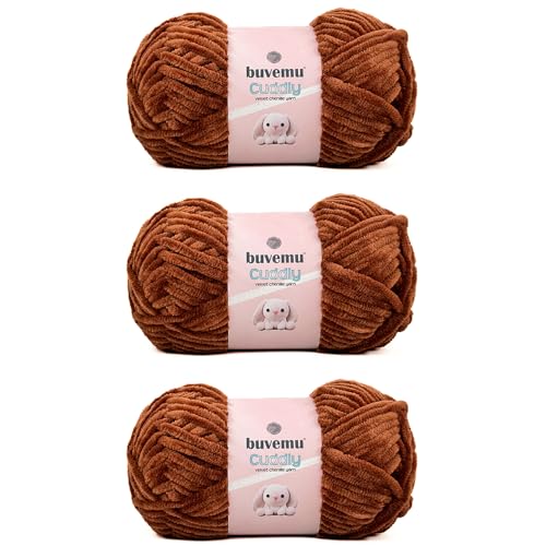 Image of Cuddly Velvet Chenille Yarn, Super Soft Fluffy Bulky for Knitting Crocheting Blanket Amigurumi, Durable for Shedding, 100 Gram (3.53 Ounces) 109 Yards (100 Meters) (Brown) (3 Skeins)