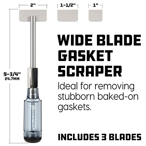 Image of Powerbuilt Wide Blade Gasket Scraper Tool Set - Heavy-Duty Hardened Steel Blades (2 inch, 1-1 /2 inch, 1 inch) with Built-In Storage Handle for Engine Gasket Surface Cleaning - 648501