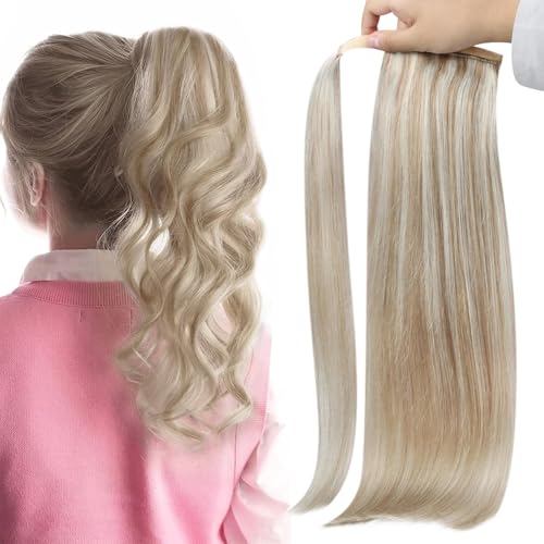 Full Shine Ponytail Extension Human Hair Ponytail Strawberry Blonde Highlights