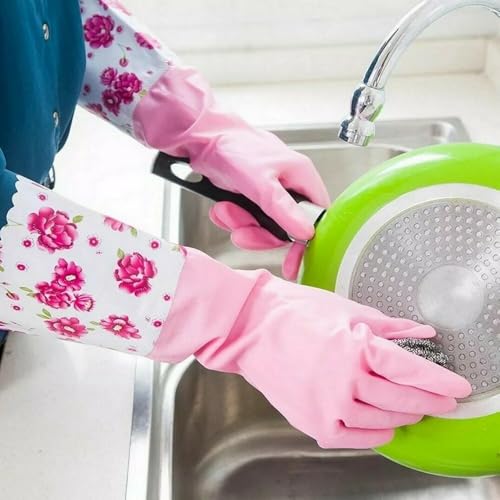 Image of GDNK Reusable Rubber Latex PVC Flock lined Long Sleeves elbow length Hand Gloves for Kitchen Dish-Washing, Cleaning Gloves (Pack of 1) (Cotton (Multicolor)