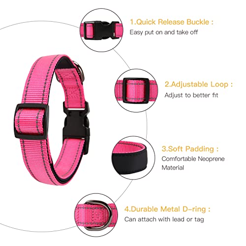 HEELE Hundehalsband, weich gepolstertes Neopren Nylon Hunde Halsband für kleine mittlere große Hunde und Welpen, verstellbare und reflektierende Halsband Hund für Training, Rosa, S