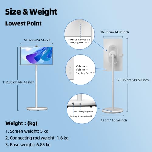 تلفزيون ذكي محمول بعجلات من في ال اتش، تلفزيون دوار لاسلكي 27 بوصة مع واي فاي 1080P 6+128GB اندرويد 15، شاشة تعمل باللمس، بطارية مدمجة 27000mAh، تلفزيون محمول لاسلكي