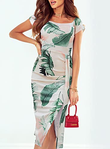 Sidefeel Women's Casual Off The Shoulder Floral Print High Slit Evening Party Bridemaid Wedding Dress White Medium #TOP3