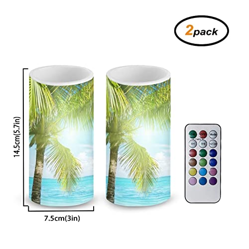 Advocator Flameless Candles Remote Controlled,Real Wax Battery Operated Pillar,Print Beach Palm Tree,Flickering Tea Light 2 Pack Pillar Candle With Warm Yellow Home Decor #TOP1