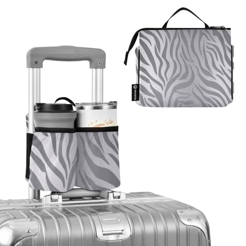 Image of Luggage Cup Holder for Suitcases Free Hands Suitcase Cup Holder Travel Luggage Drink Holder Portable Luggage Cup Caddy Bag Carrier with Handle Light Silvery Zebra Print