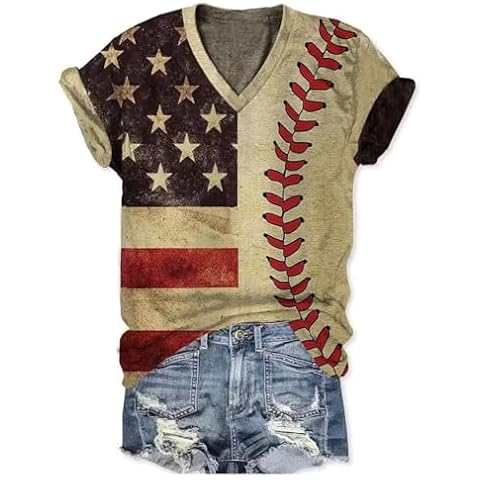 VKEGNIO American Flag Baseball T Shirt Women Baseball Print Shirt 4th of July Patriotic Shirts Casual Short Sleeve Tee Tops（Small,Brown Cover