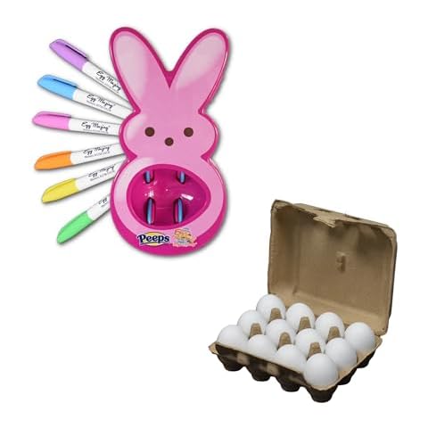 The Eggmazing Easter Egg Decorator - Peeps Bunny - Arts and Craft Set Includes 6 Colorful Markers (Pink) + White Wooden Eggs - Fake Eggs for Easter Egg Decorating (12 Pack - 1 Dozen) Cover