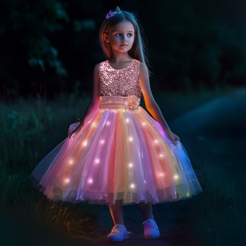 Little Girls Dress Sequin Pink Rainbow Dress Flower Girl Dress Easter Dress Light up Princess Dresses for Toddler Girls Kids Costume for Brithday Wedding Party3