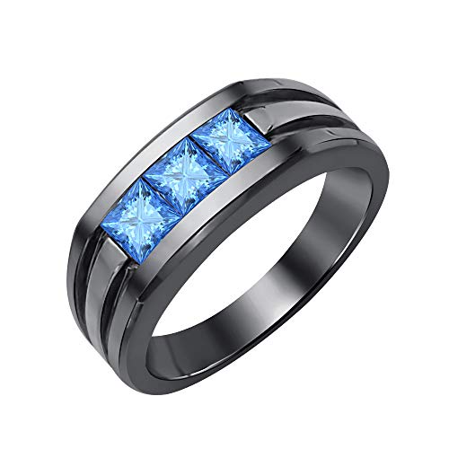 Princess Cut Three Stone Blue Topaz 14K Black Gold Over .925 Sterling Silver Engagement Wedding Band Ring for Men's