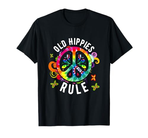 Image of Old Hippie Rule Tie Die Flower Peace Sign 60s 70s Hippie T-Shirt