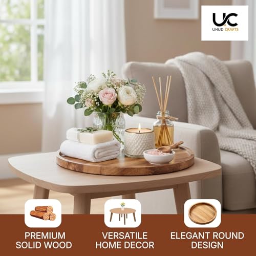Image of UHUD CRAFTS Premium Wooden Round Serving Tray /Platter | Decorative Tray for Home Decor, Dining Table & Kitchen Decor | Circular Solid Wood Tray for Serving Tea, Coffee or Breakfast