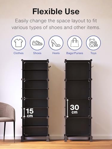 Image of BOXJOY 8 Shelf Shoe Rack with 4 Black Doors, 5 Hook Steel Holder & Wooden Hammer for Home Storage PP Plastic Organizer with Metal Door Frame to Cover Chappal Slipper Sandals Shoes Box Stand (Black)