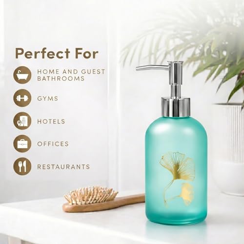 Image of Luxe Home International Flower Print Glass Soap Dispenser for Bathroom and Kitchen Sink Leak Proof Liquid Hand Wash Round Bottle Lightweight Smooth Finish (19.5x7.5 cm Sky) Pack of 1