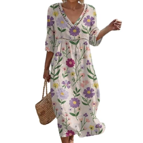 Summer Floral Midi Dresses for Women Hollow V Neck Flowy Sundress