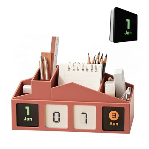 Image of Pen Holder for Desk Aesthetic - 4 Compartments Marker Holder,With 365-Day Recurring Calendar Replacementsuitable for Home And Office Decorating, Teacher Organization for Classroom(red)