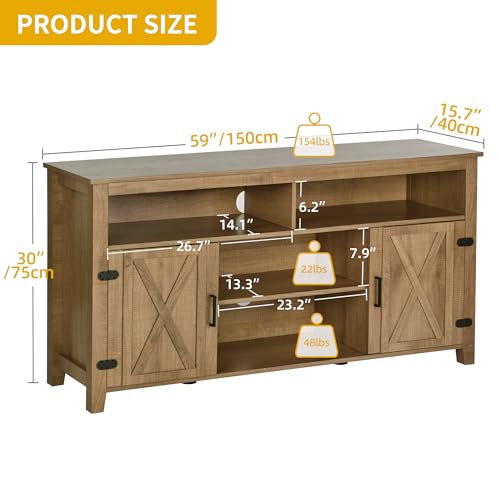 DWVO TV Stands for 65 Inch TV, Farmhouse Entertainment Center with Adjustable Shelf and Barn Door, Media Console Table TV Cabinet for Living Room, 59 Inches, Barnwood