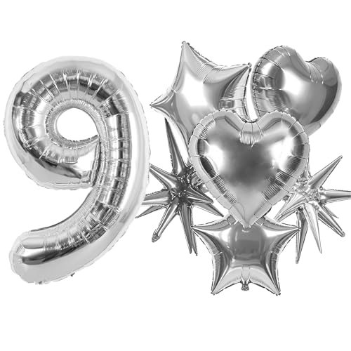 Image of TONIFUL 9th Birthday Balloons Kit 40Inch Silver Large Number 9 Foil Balloon | with 18Inch Helium Mylar Heart Star Balloons for Kids Women Men Birthday Anniversary Graduation New Year Eve Party Decoration