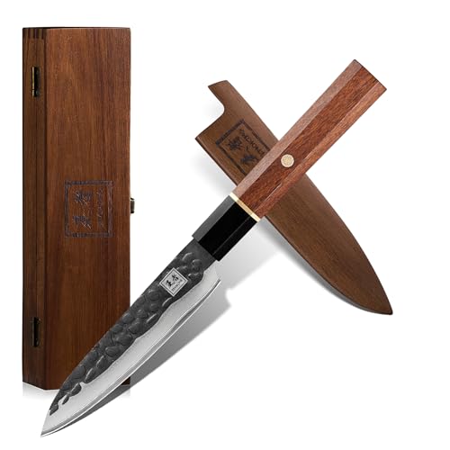 ENOKING Japanese Paring Knife, 4.5 Inch Utility Knife 5 Layer 9CR18MOV Clad Steel for Fruits Vegetables, Super Sharp Utility Knife with Ebony Bolster African Rosewood Handle - Wooden Box