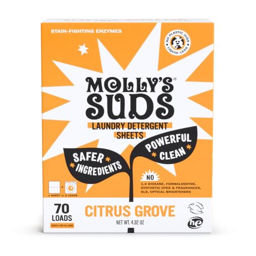 Molly's Suds Laundry Detergent Sheets | Gentle on Sensitive Skin, Powerful Bio-Based Enzymes, Stain-Fighting | Liquidless & Plastic-Free Packaging | 70 Loads (Citrus Grove)
