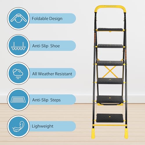 Image of Parasnath 6-Step Yellow Diamond Steel Foldable Ladder | Wide Anti-Skid Plastic Steps for Extra Grip, 6.2 FT Step Ladder, 6-Year Manufacturer Warranty, Made in India