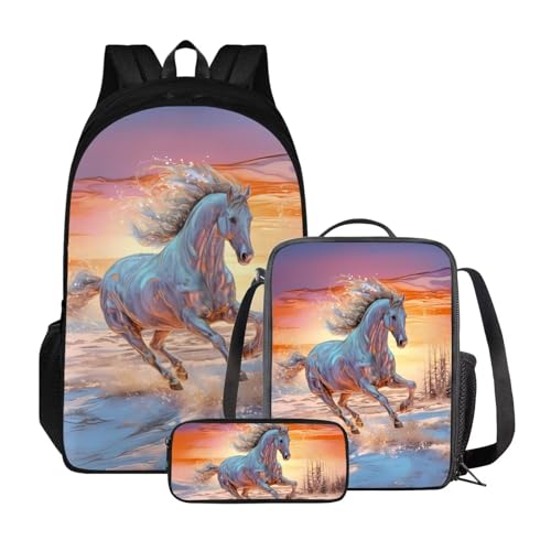 Set di 3 zaini per la scuola con borsa per il pranzo e astuccio zaino per libri universitari per studenti allaperto Snowfield Horse Sunset Glow Taglia unica Zaini Daypack