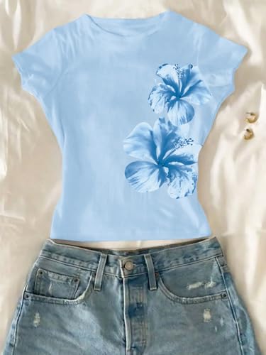 Image of RoseSeek Girl's Floral Graphic Crop Tops Tees Short Sleeve Crewneck Cute Slim Fit T Shirt Summer Tops