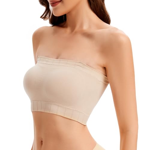 Wireless Strapless Bra for Women No Slip Silicone Grip Ribbed Bandeau Bra with Fixed Pads Fabric and Clear Straps2