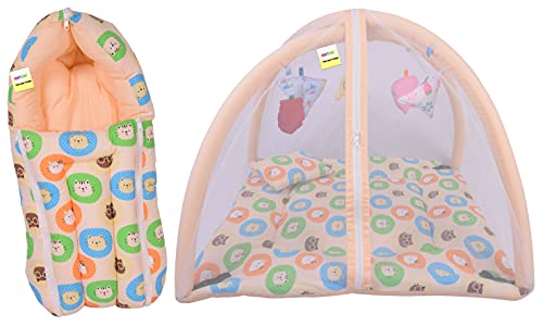 Image of Kwitchy Baby Bedding Set New Born Baby Bed | Mattress | Mosquito Net | Play Gym | Playmats | Cotton | Infants | Gift Combo | Bed with Hanging Toys (0-6 Months) Orange (2PCS Set)