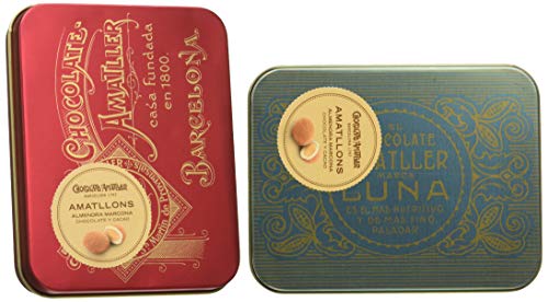 Chocolate Amatller Amatllons - Almendra Marcona caramelizada, chocolate blanco y cacao en polvo caja metal - 2 de 65 gr. (Total 130 gr.)