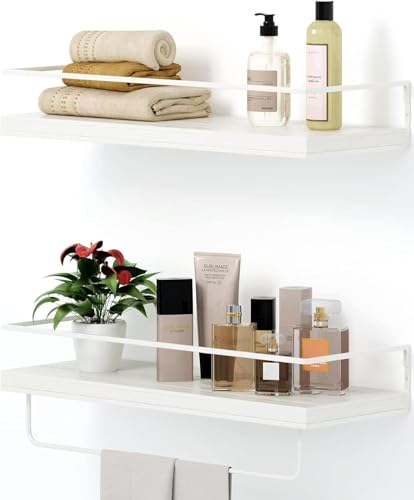 Image of Shario - Set of 2 Floating Shelves with White Towel Rail Wall Hanging, Decorative Storage Shelves for Bathroom, Kitchen, Living Room and Bedroom (Rustic White)