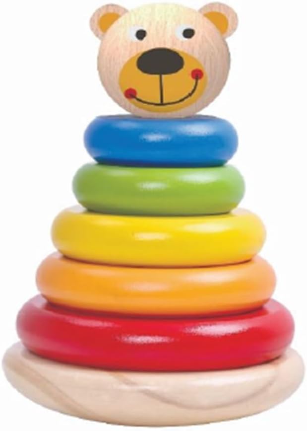 TOOKYTOY Wooden Bear Stacking Tower, Pastel Rainbow Colors, Educational Ring Toy for Toddlers 12+ Months, 7 Pieces