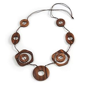 Avalaya Long Geometric Wooden Bead Cotton Cord Necklace in Brown – 80cm Long