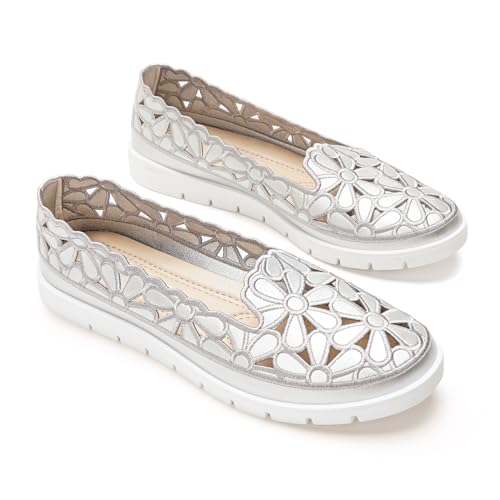 GLAMORA Bailarinas Mujer Caladas Diseño Floral Zapatos Planos Plataforma Ligera Suela Flexible Antideslizante Plantilla Blanda Cómodas Transpirables Calzado Verano plata 38