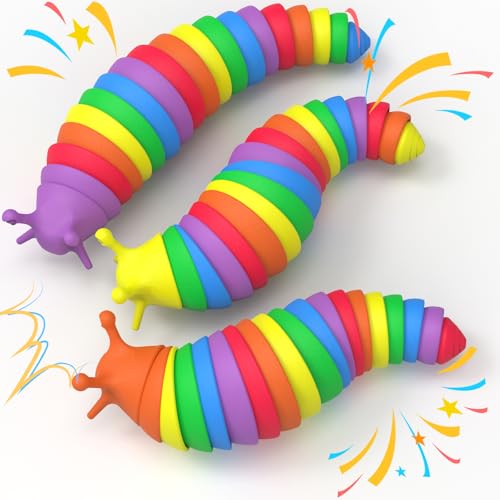 Cevioce 3PCS Slug Fidget Toys Bulk Toddler Sensory Figette Worm for Adults Stress Relief for Autism ADHD Autistic Travel Toys Stocking Stuffer Gifts for Boys Girls 3+ Easter Basket Stuffers for Kids