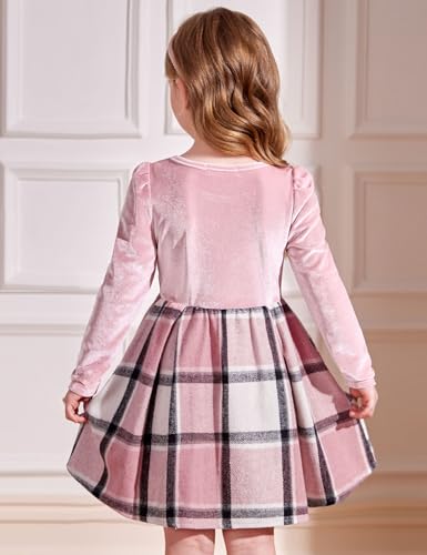 Arshiner Girls Dresses Long Sleeve Velvet Plaid Patchwork Holiday Party Dress with Pockets4