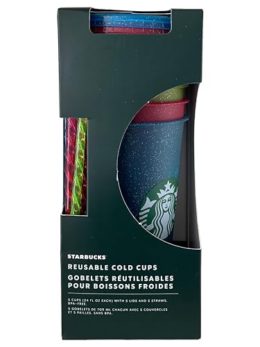 STARBUCKS Lot de 5 tasses froides réutilisables avec couvercle et paille, ventilé, 709 ml