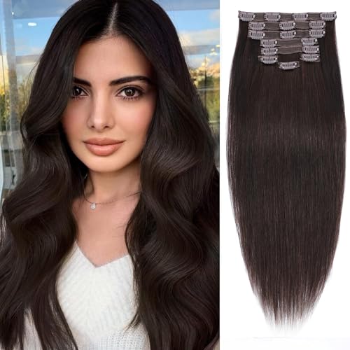 20inch Clip in Hair Extensions Real Human Hair 8pcs 100g Healthy Straight–Double Weft 100% Cuticles Aligned Remy Human Hair Luxury Lace Weft Clip in Human Hair Extensions(20 Inch-100g, 2 Dark Brown)