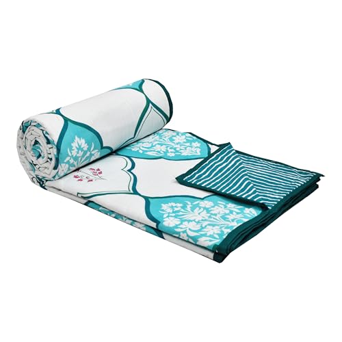 Image of BLOCKS OF INDIA 100% Cotton Dohar King Size Reversible Hand Block Printed Malmal Summer Dohar /Blanket (MUGHAL Turquoise)